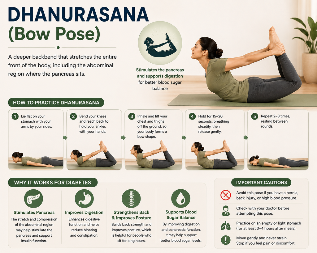 Yoga practitioner performing Dhanurasana (Bow Pose) to support blood sugar management and overall wellness.