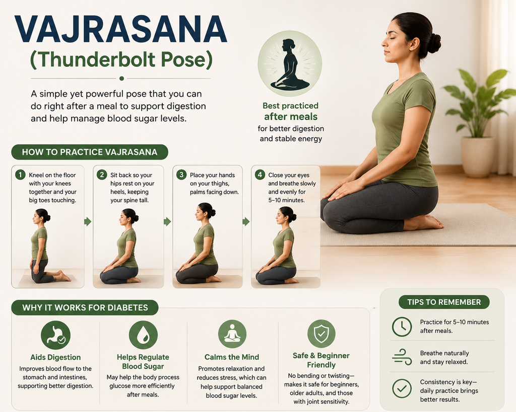 Woman practicing Vajrasana (Thunderbolt Pose), one of the recommended yoga poses for diabetes and healthy digestion